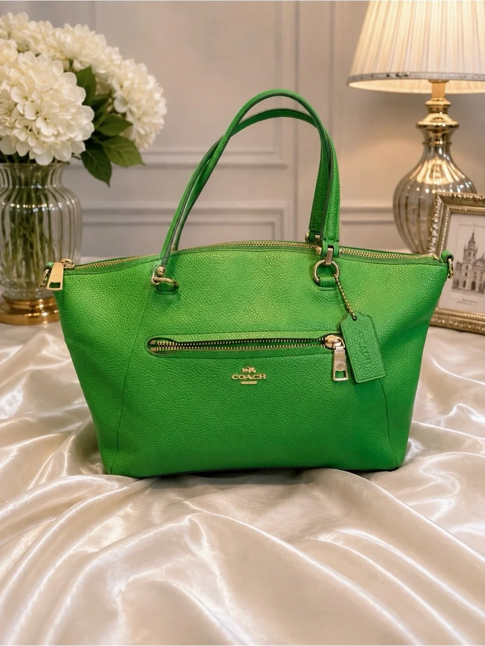 Coach Prairie Satchel Green Pebbled Leather Tote Shoulder Bag - Picture 2 of 9